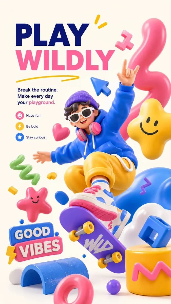 Colorful dopamine-burst 3D poster with playful objects, glossy typography and high-energy social visual design