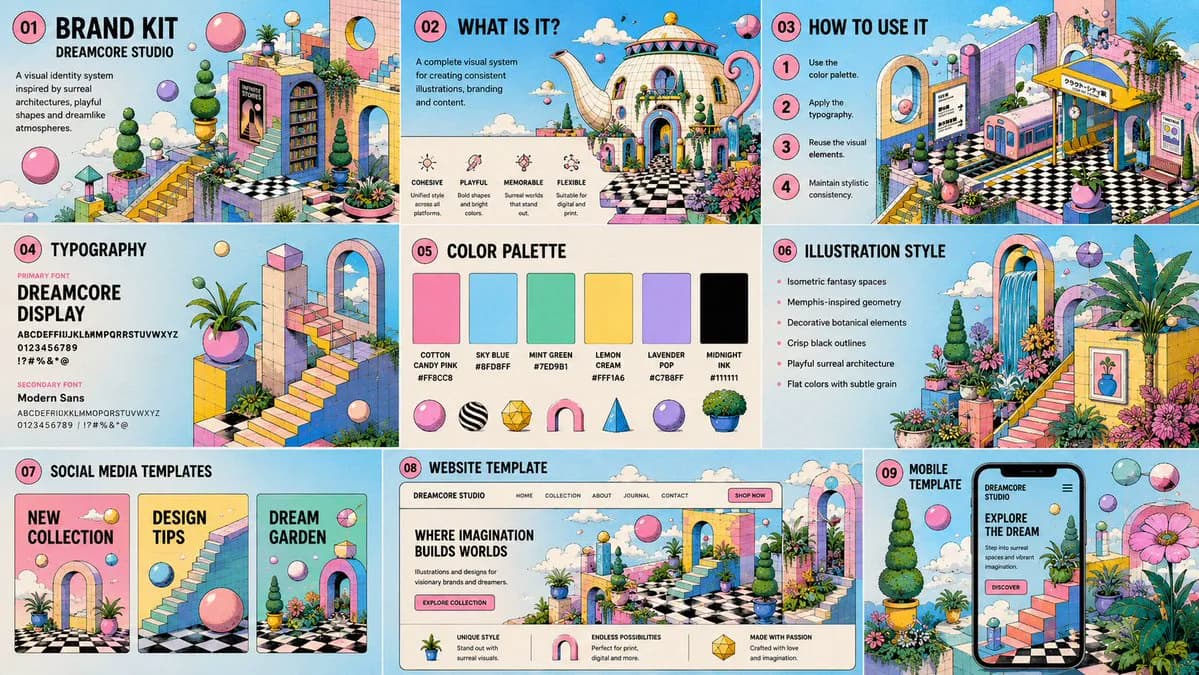 Pastel dreamcore isometric garden illustration with Memphis-style geometric architecture and floating spheres