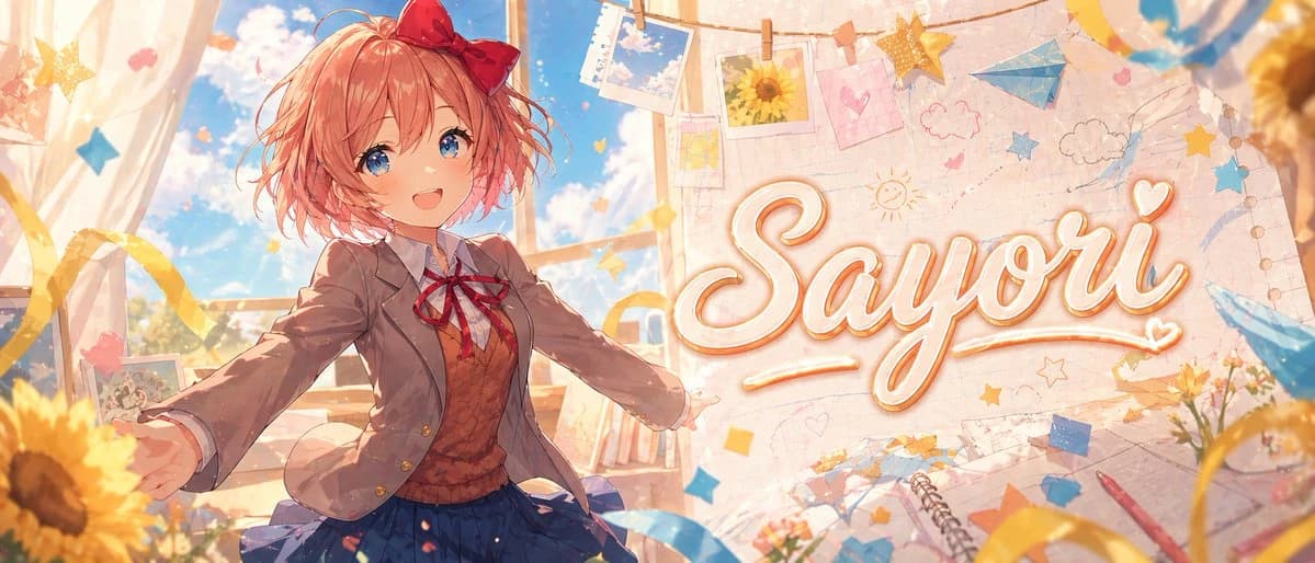 A cheerful teenage schoolgirl with coral-pink hair and a red bow stands in a bright classroom, inviting viewers with open arms against a sunny backdrop
