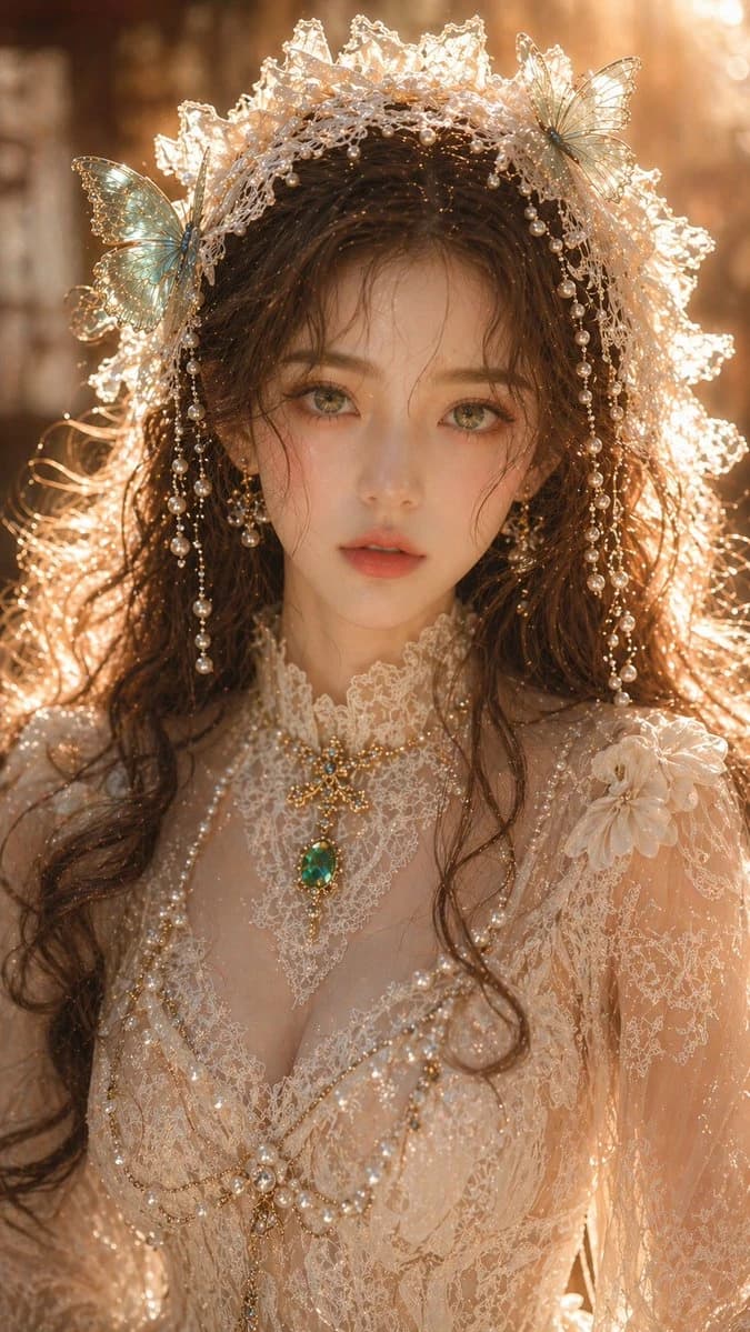 A close-up portrait of a woman with light green eyes and brown wavy hair, wearing a lace headpiece with butterflies.