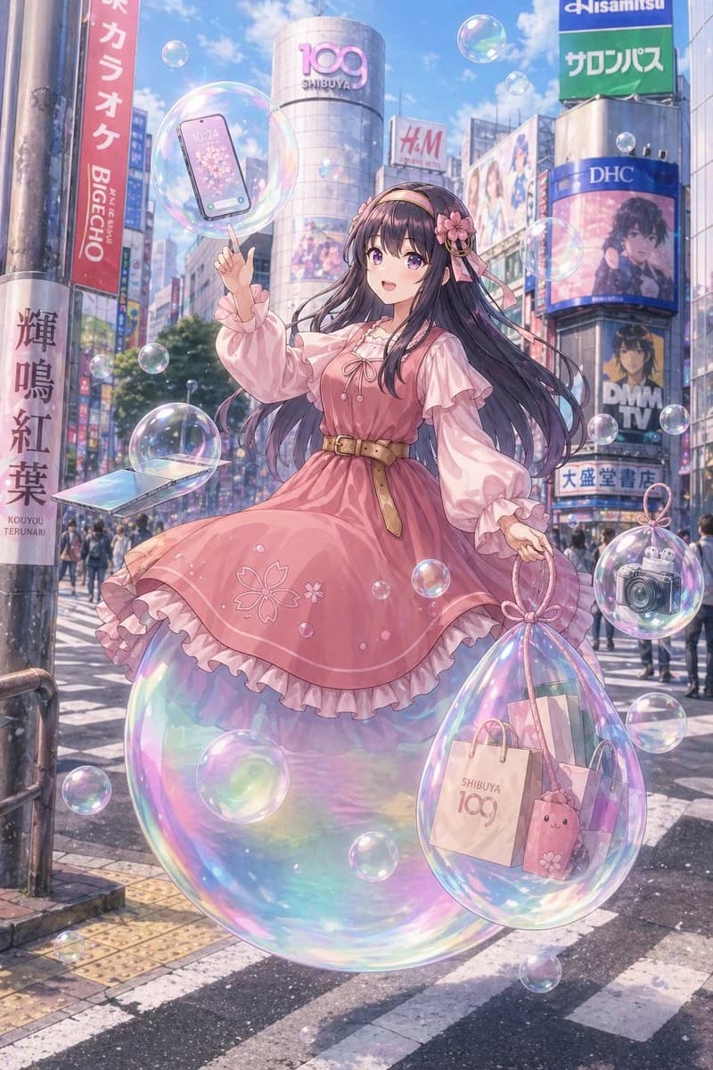 A fashionable young woman in a pastel pink dress gracefully stands atop a giant iridescent bubble in the bustling Shibuya scramble crossing, surrounded by vibrant advertisements