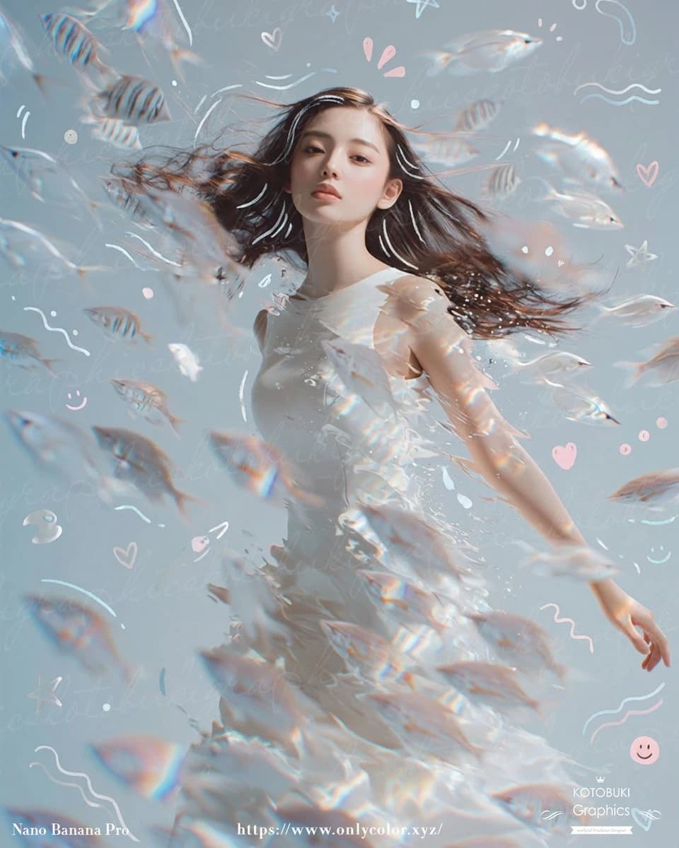 A young woman in a flowing white dress stands underwater, surrounded by translucent fish and whimsical pastel doodles against a powder blue background