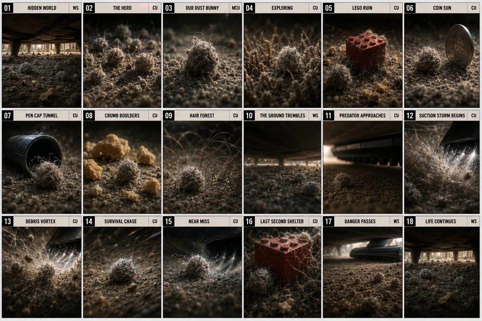 Nature documentary storyboard board showing dust clumps moving through under-couch macro scenes across many labeled shots