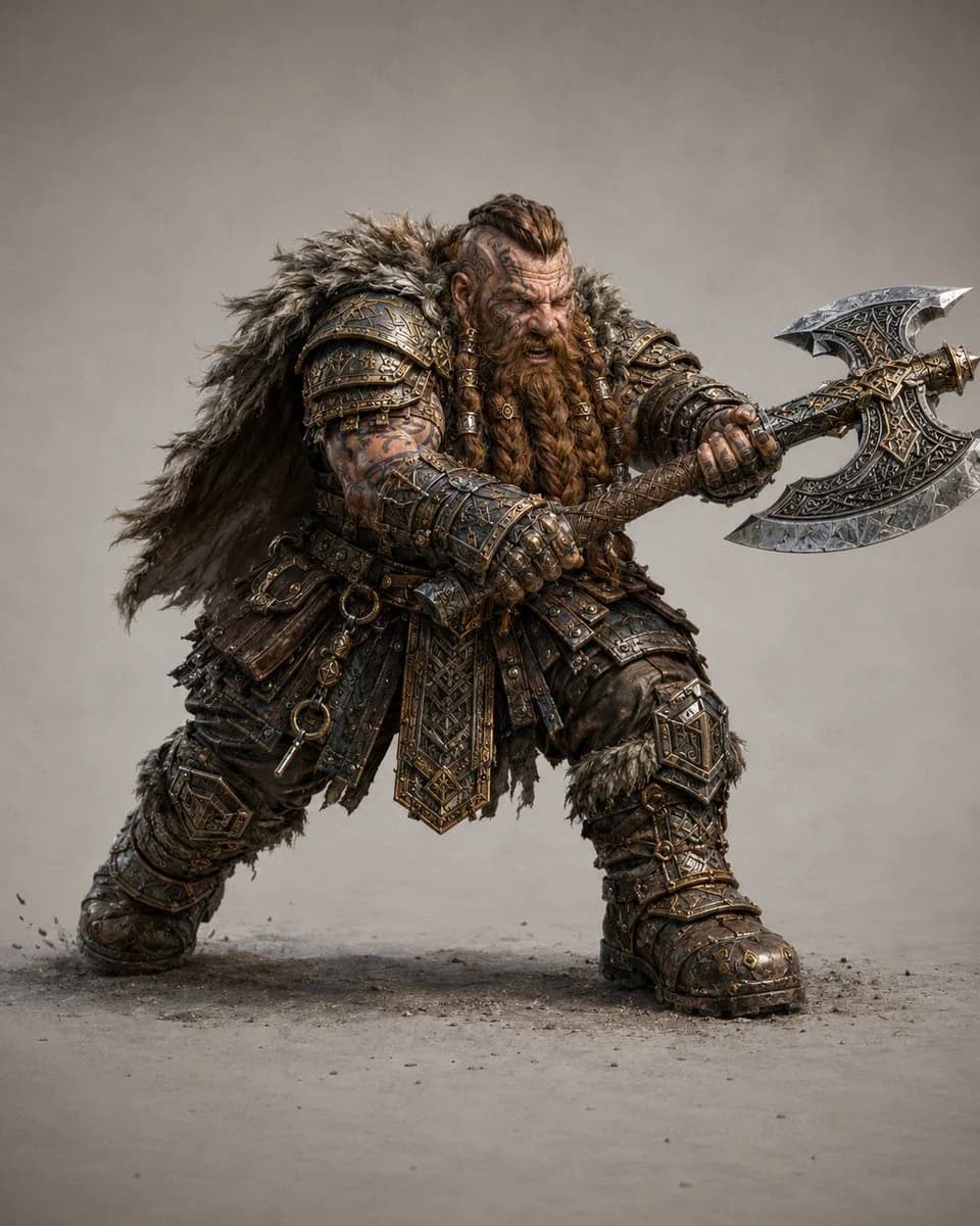Dwarf Great Axe Adventurer with character-focused concept art, game-ready styling and detailed fantasy design
