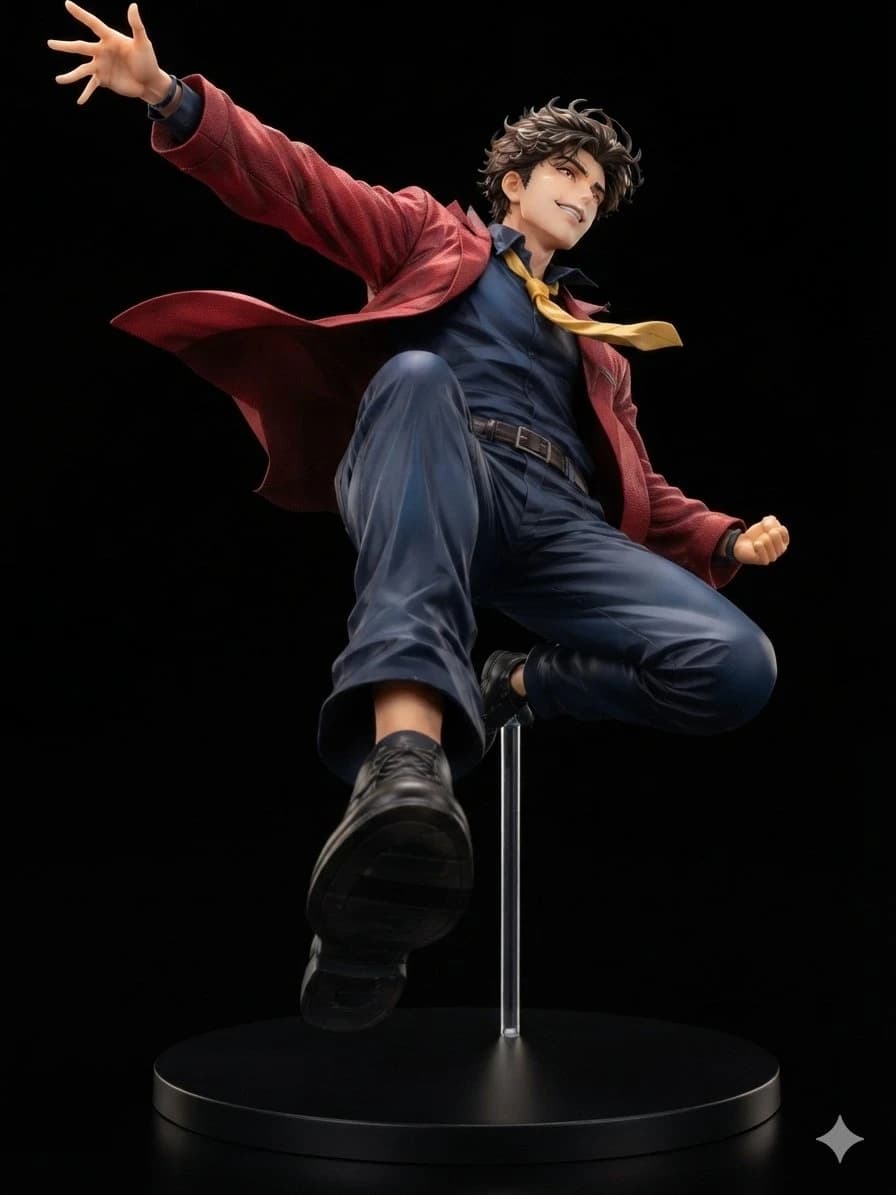 Dynamic anime hero collectible figure render posed mid-leap on a transparent support rod in a premium studio setup.