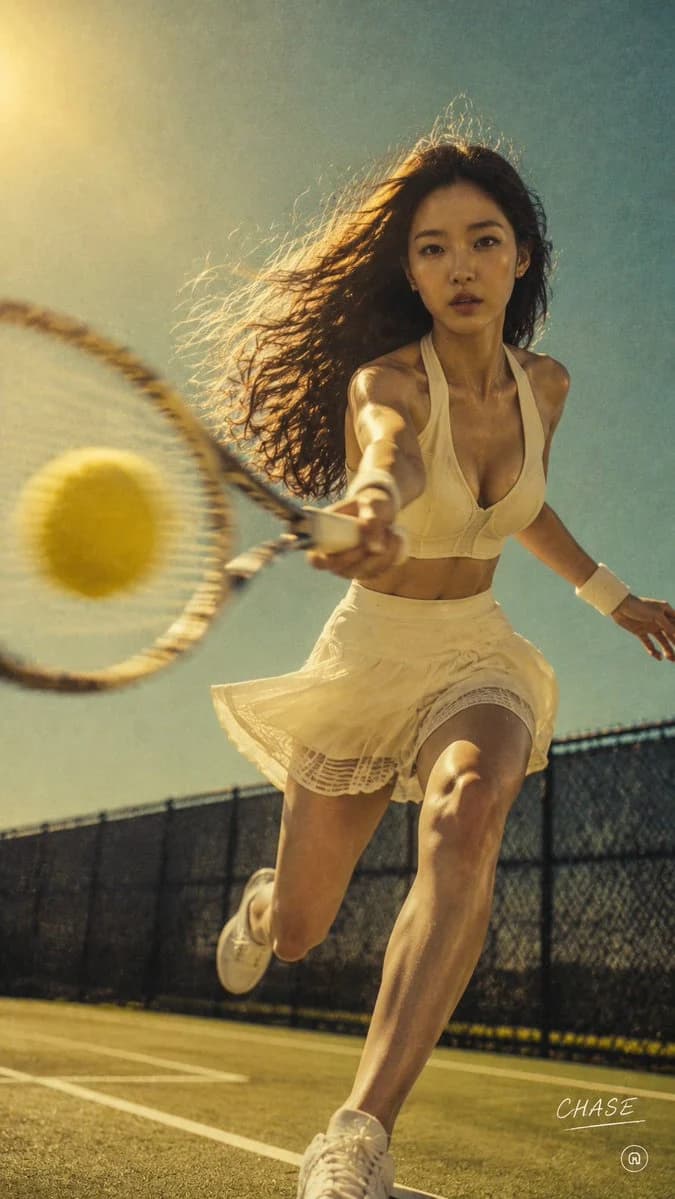 Retro 1970s cinematic tennis action shot with dynamic pose and sunny court atmosphere
