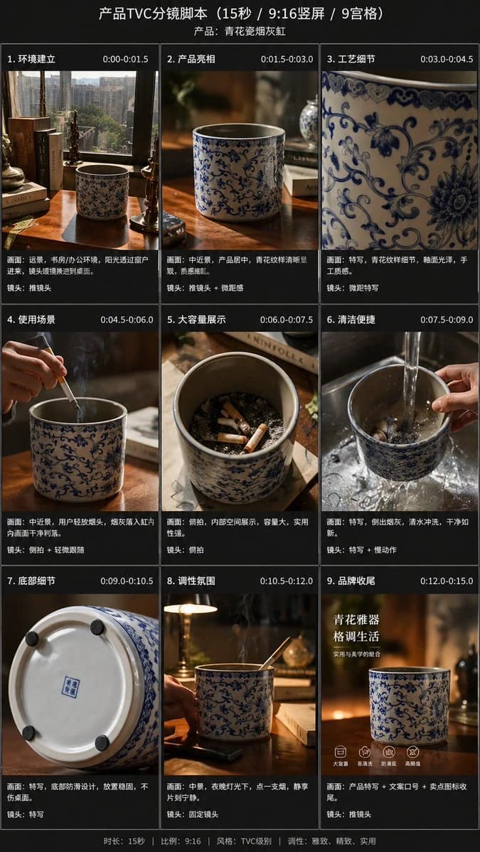A 9-panel storyboard showcases a blue-and-white ceramic ashtray in various lifestyle settings, featuring cinematic lighting and detailed craftsmanship
