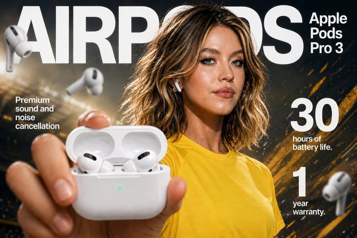 A hand holds a white AirPods case with two earbuds inside, while a woman in a yellow shirt looks at the camera.