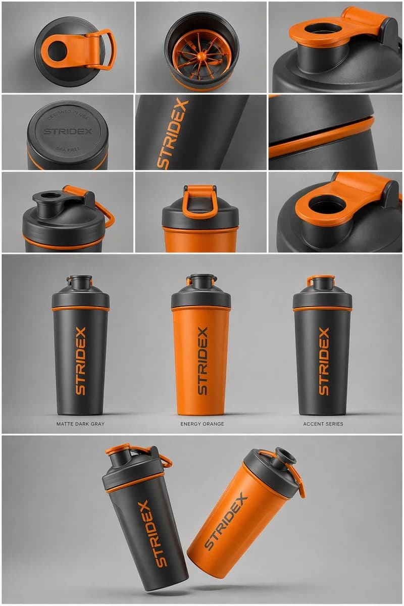 A grid layout showcases various angles and details of STRIDEX shaker bottles in Matte Black and Energy Orange against a neutral gray background