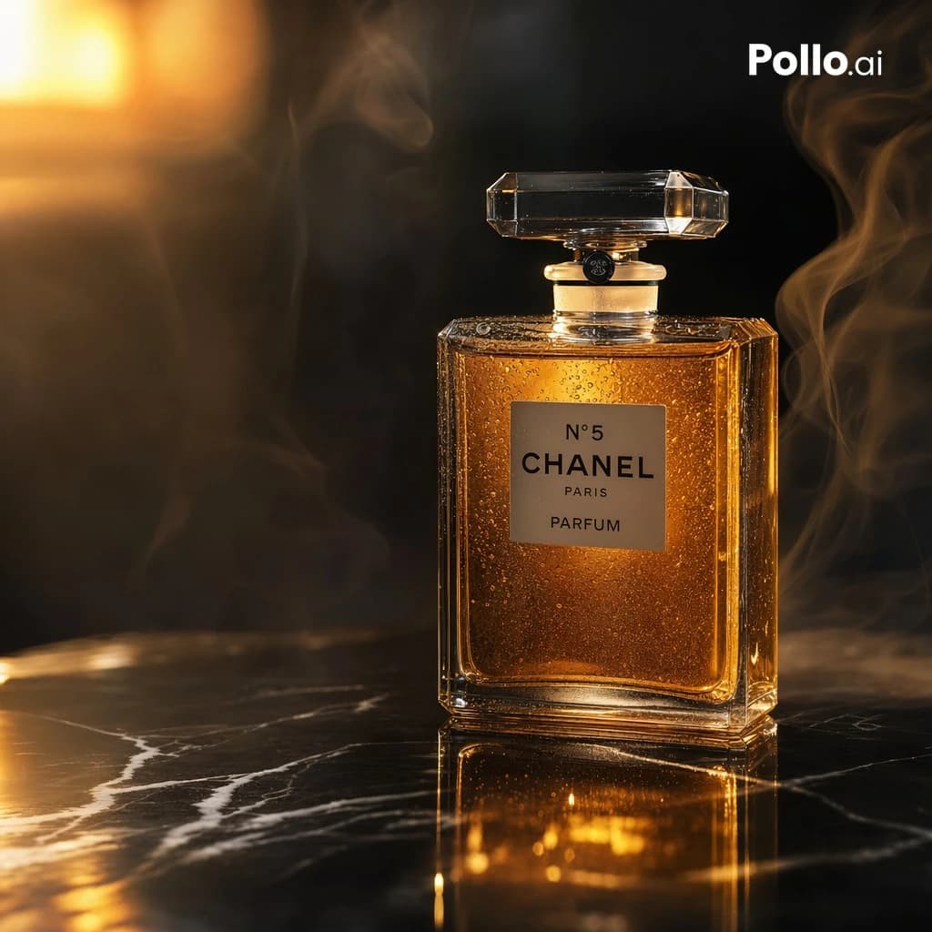 A clear faceted glass perfume bottle filled with amber-gold liquid sits on a glossy black marble surface, illuminated by warm lighting and surrounded by wisps of smoke
