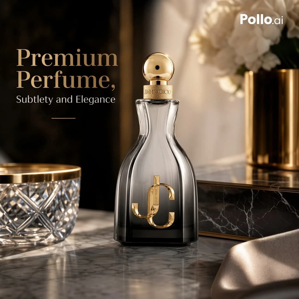 A sculpted perfume bottle with a gold cap and monogram sits on a polished marble vanity.