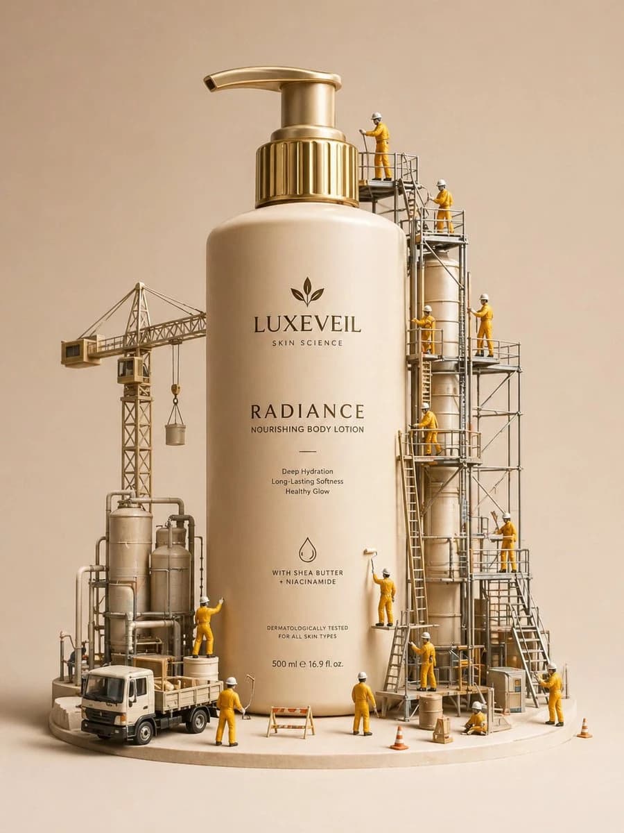 An oversized luxury skincare pump bottle is surrounded by tiny construction workers in yellow coveralls, creating a miniature diorama scene
