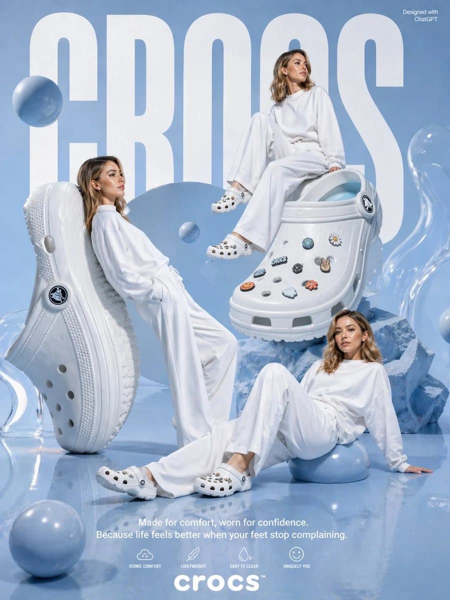 Three women in oversized white outfits pose with giant white clogs against a pastel blue backdrop, featuring bold "CROCS" text