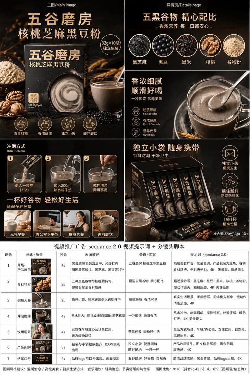 Premium grain powder packaging features a matte black box with gold typography and a swirling bowl graphic, set against a dark, luxurious backdrop