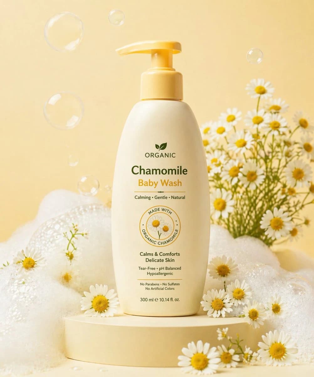 Cream-colored chamomile baby wash with a pastel yellow pump sits on a matte podium, surrounded by silky foam and fresh chamomile flowers