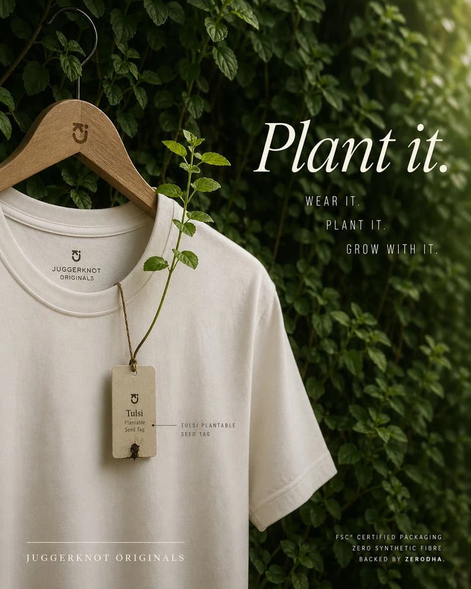 An off-white crew-neck T-shirt hangs on a wooden hanger against a lush green backdrop, featuring a plantable tag with a tulsi stem