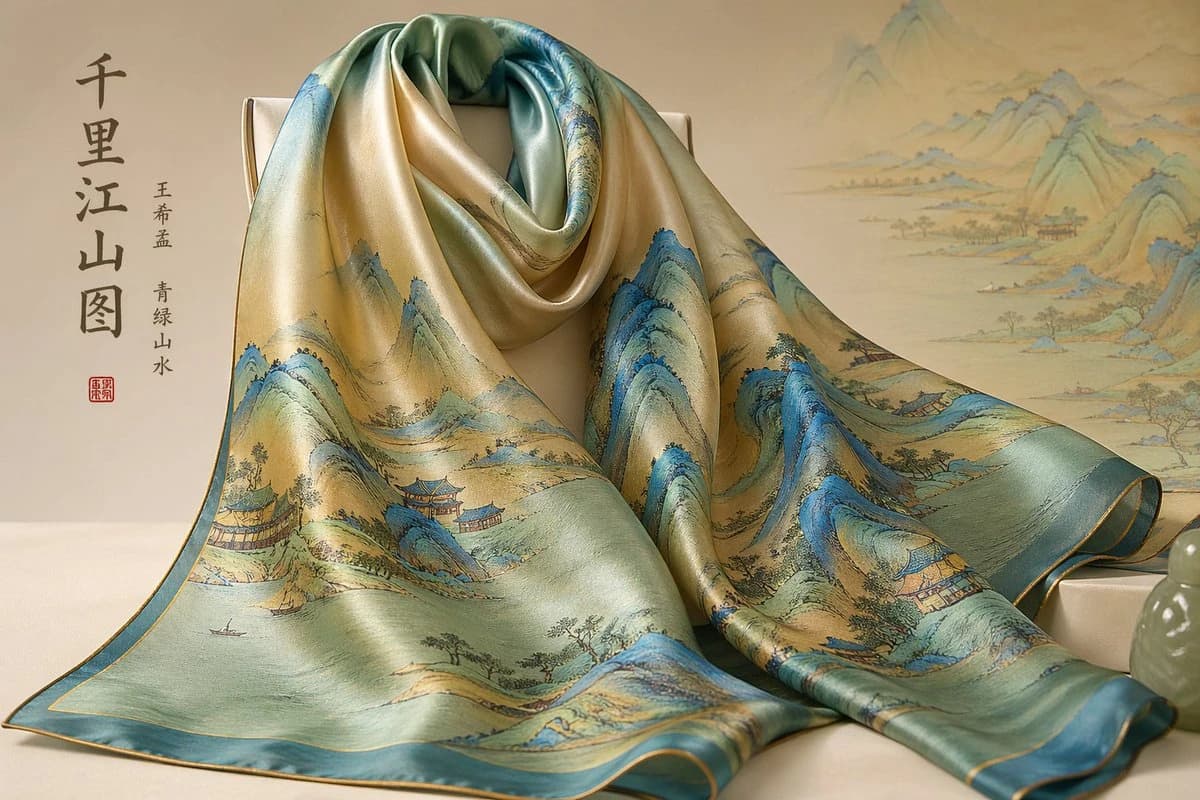 A silk scarf with a landscape design in blue and green, featuring mountains and traditional buildings.