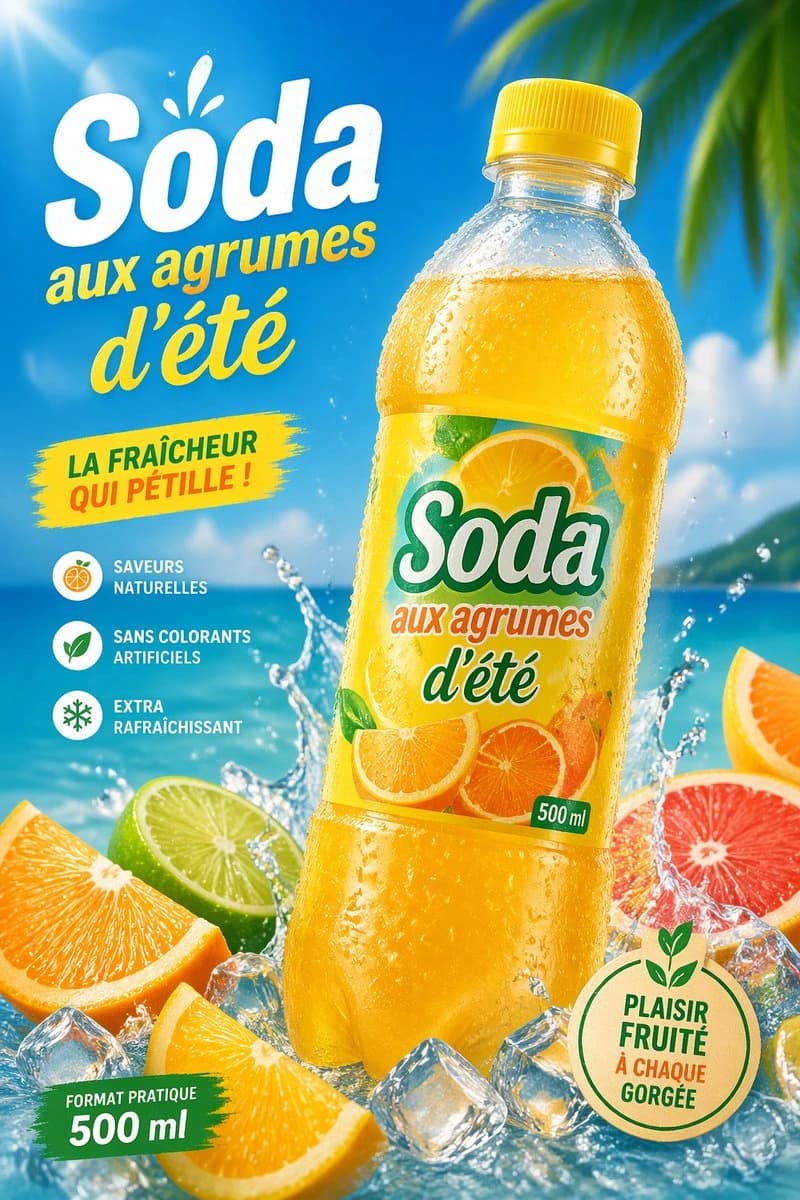 A vibrant tropical soda bottle is showcased against a sunny beach backdrop, surrounded by splashes of water and fresh citrus fruits