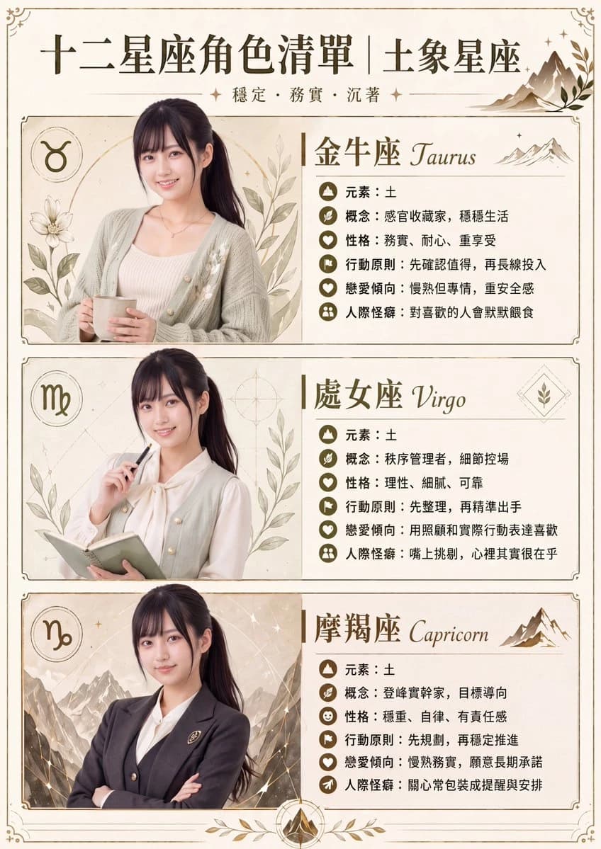 Three elegant portraits represent the Earth signs of the zodiac, featuring soft colors and botanical accents on an aged paper background