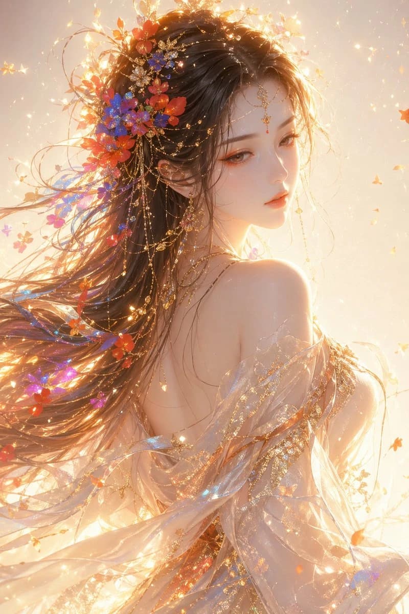 A female figure in a flowing, translucent gown adorned with colorful flowers and golden accents gazes over her shoulder, illuminated by warm golden light