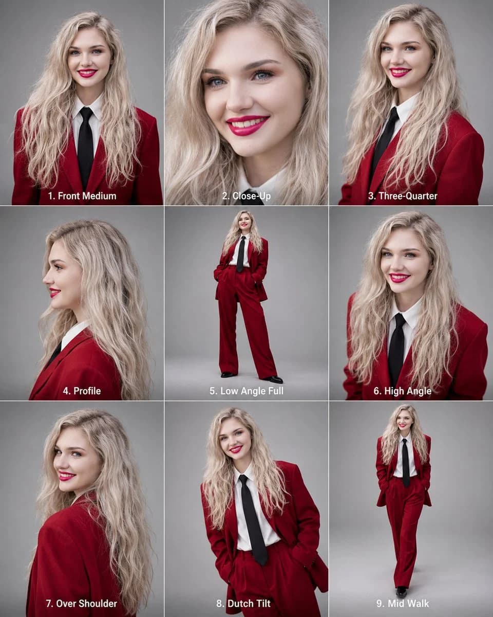 Nine-panel editorial reference sheet showing a woman from varied portrait angles