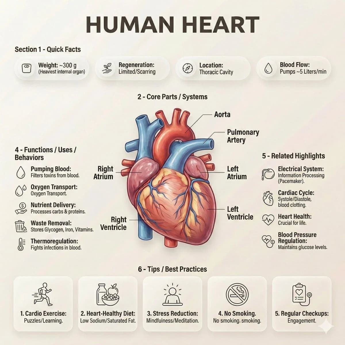 GPT Image 2 prompt example showing a clean human heart anatomy infographic poster with labels, quick facts, and health tips
