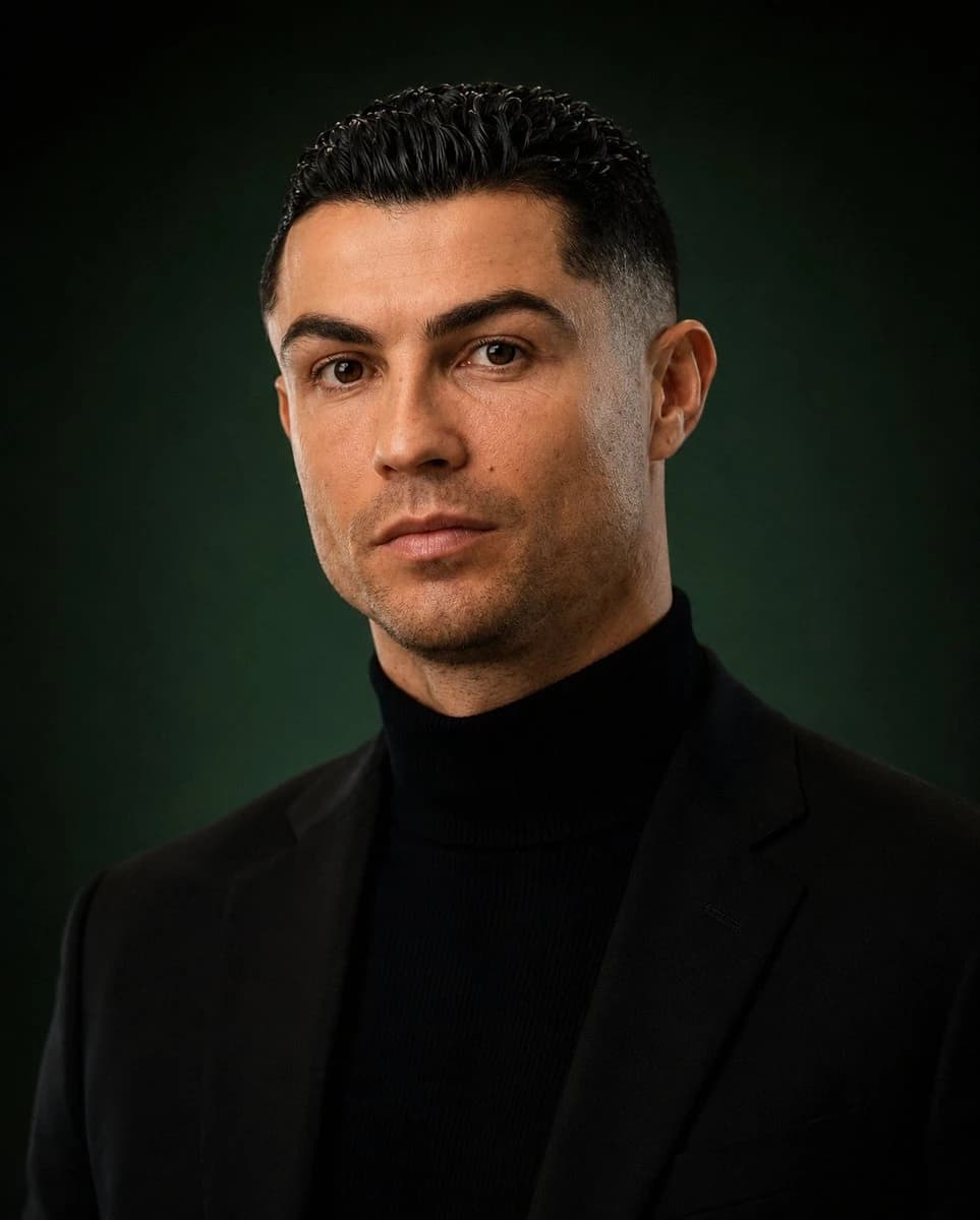 A close-up portrait of a man in a fitted black turtleneck and tailored blazer against a dark emerald-green background.