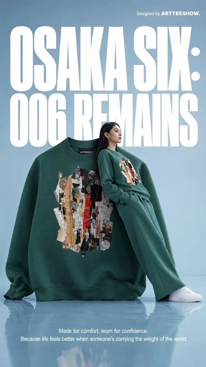 An oversized forest-green sweatshirt with a collage print stands upright on a glossy floor, accompanied by a model against a pale blue backdrop