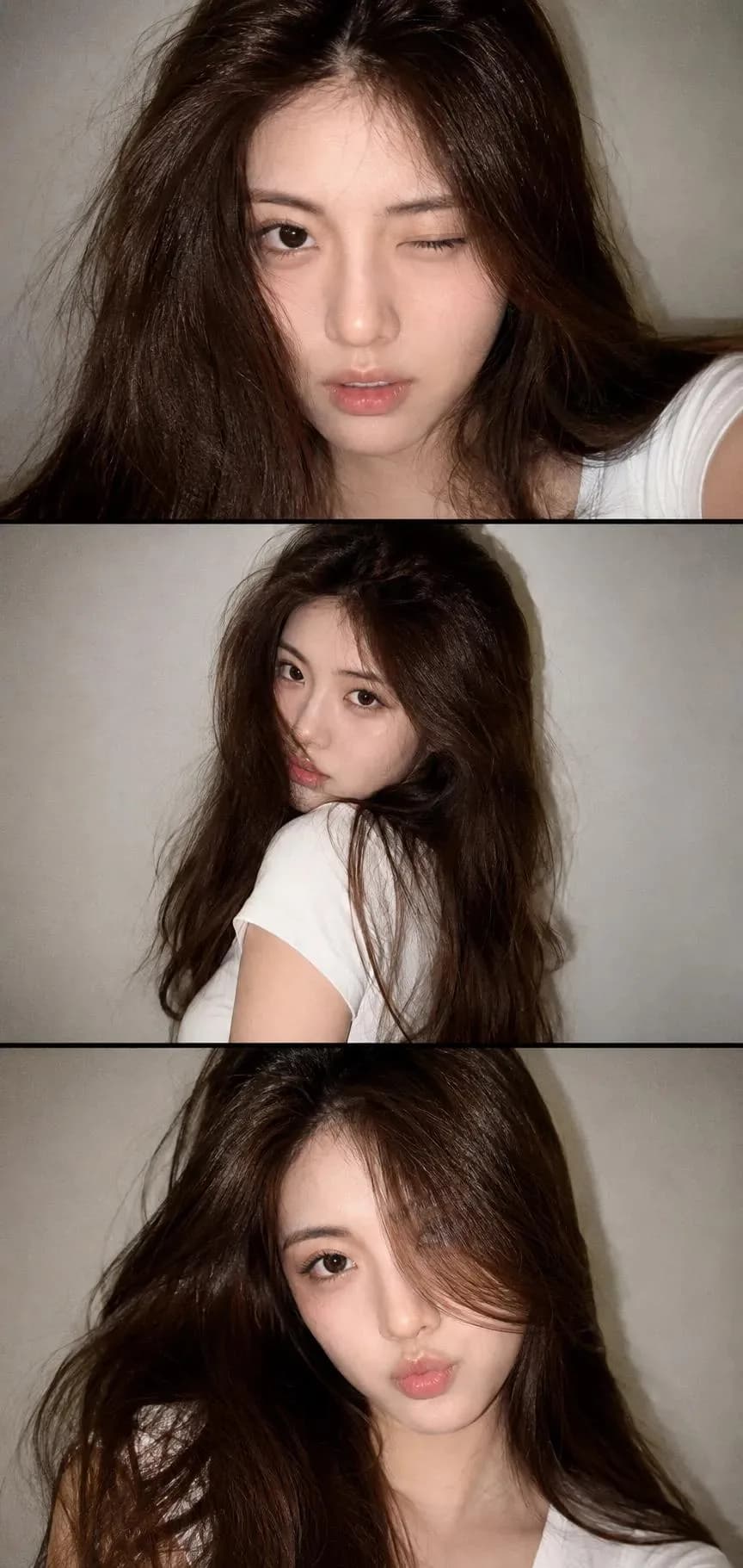 Three-panel Y2K portrait grid with a woman in soft flash-lit selfies, loose hair, and neutral studio styling