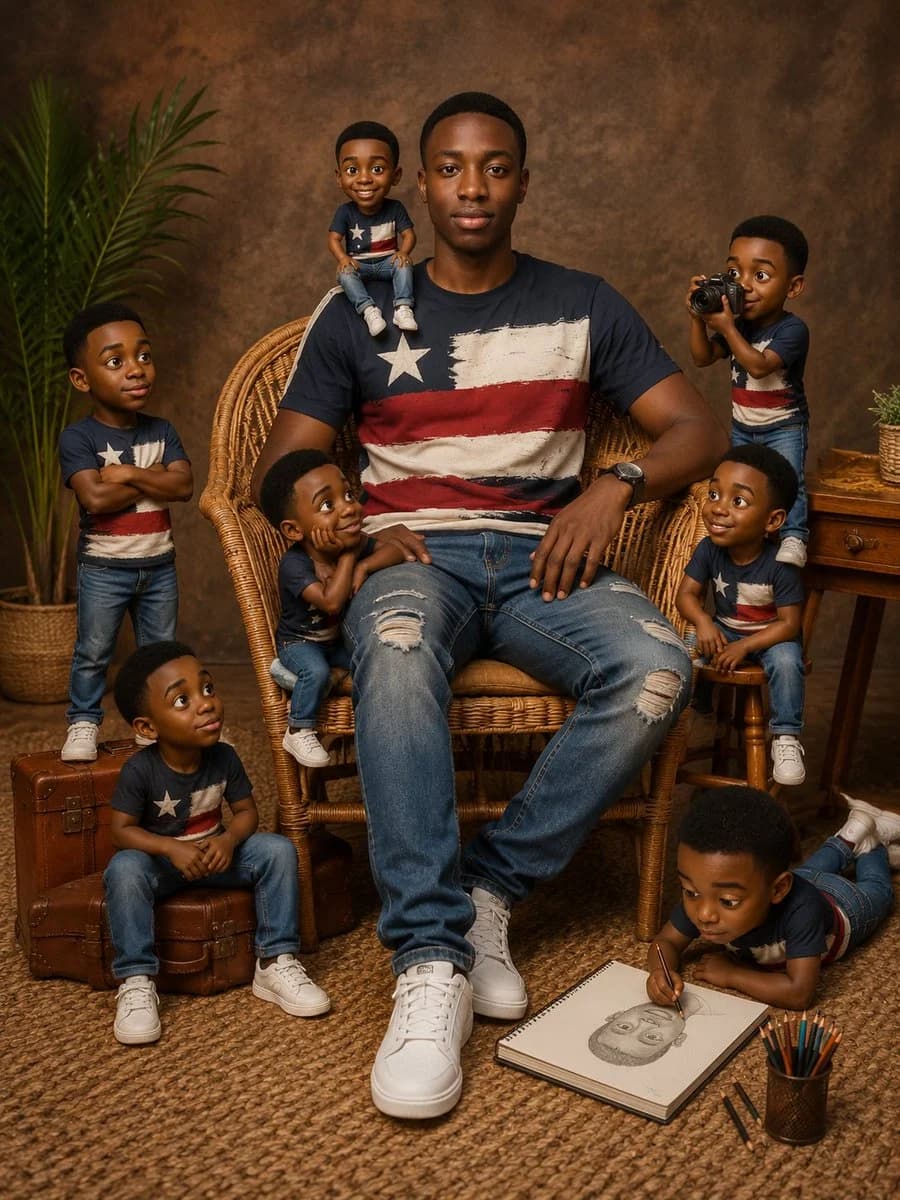 Playful family portrait featuring eight miniature versions of the same person