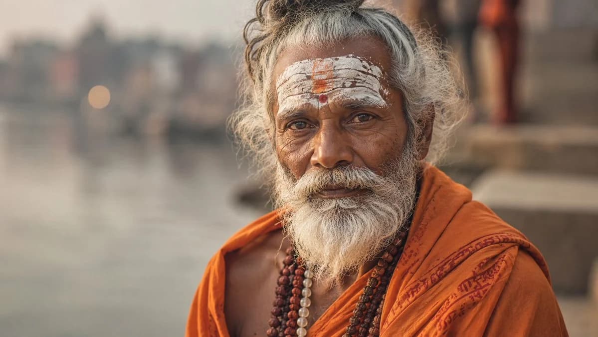 Close portrait of an elderly Indian sadhu with weathered skin in natural outdoor light