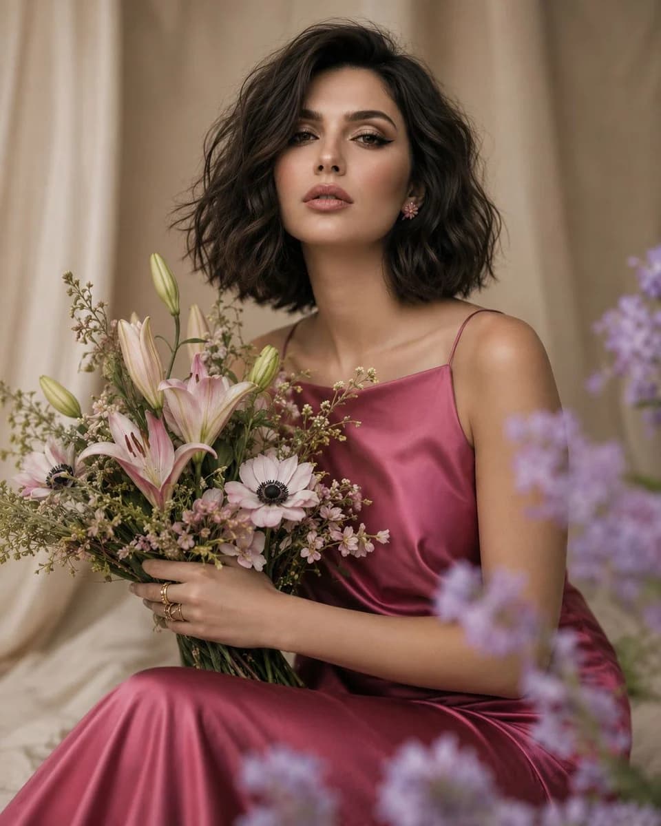 Elegant floral fashion editorial portrait with soft beauty lighting, flower styling, and refined magazine composition