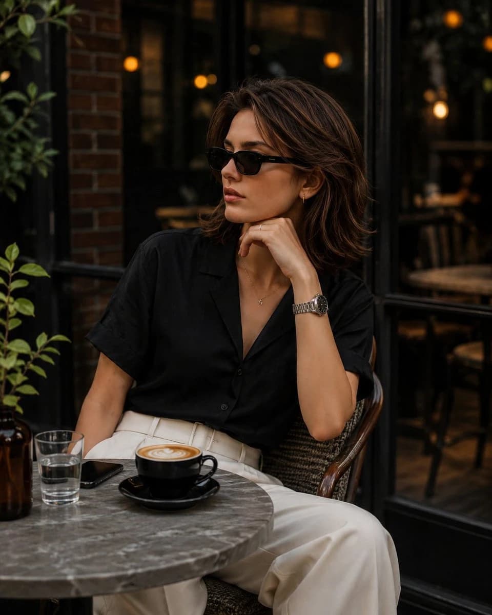 Elegant European cafe lifestyle portrait with relaxed outdoor seating, refined urban styling, and soft luxury atmosphere.