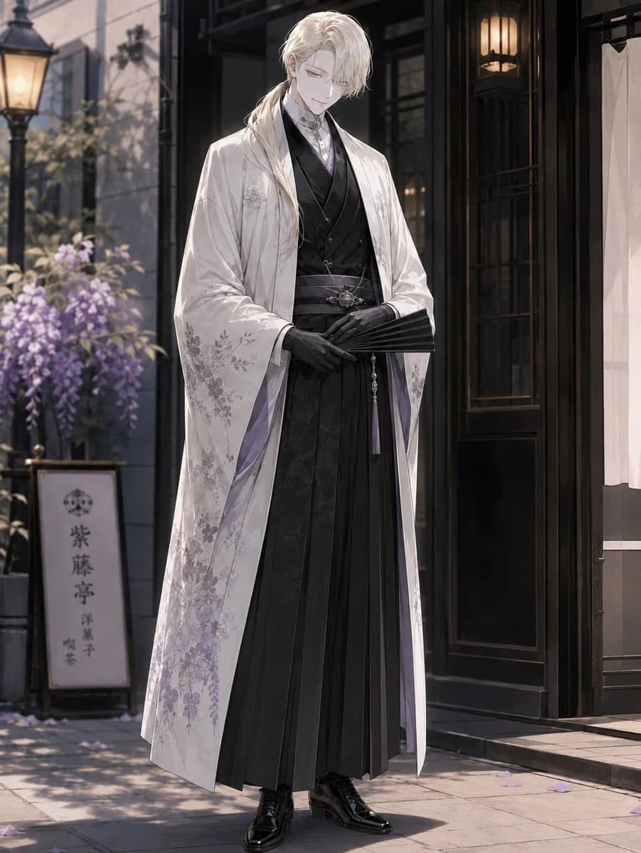 Elegant kimono portrait inside a pastry shop with refined styling, dessert counter details, and soft lifestyle lighting