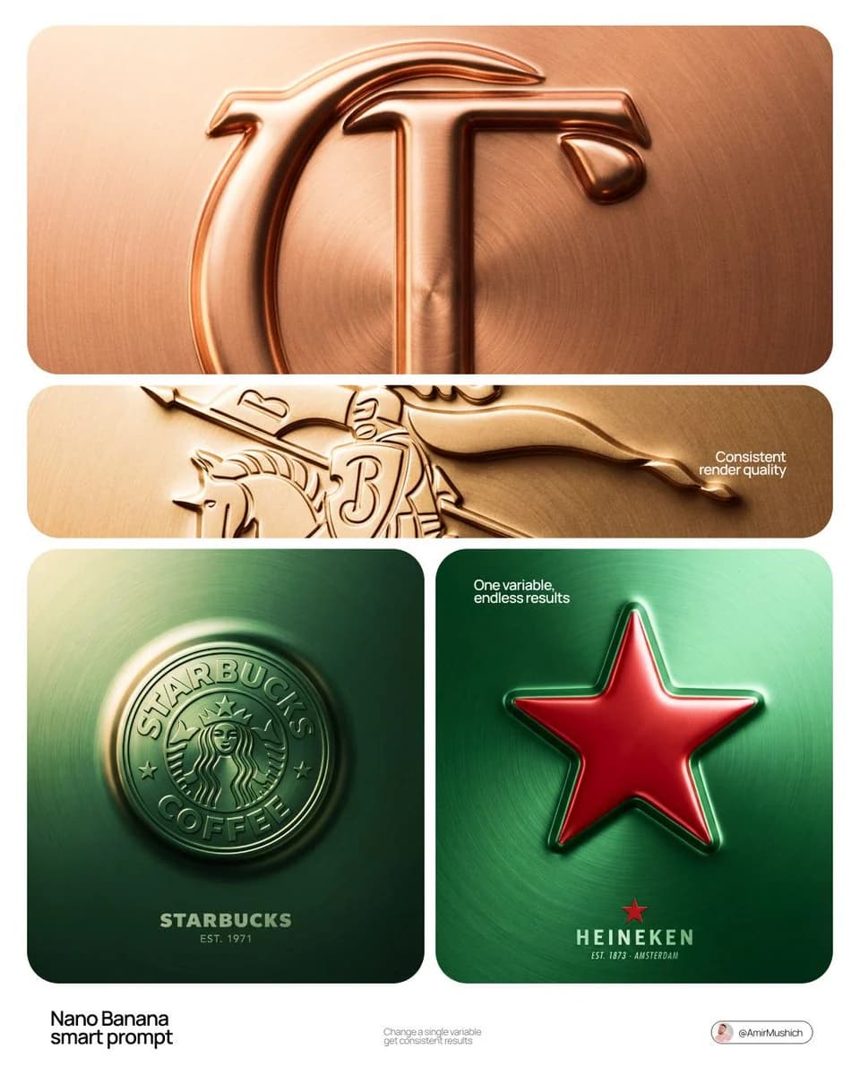 GPT Image 2 prompt example showing embossed metal logo marks on brushed copper, gold, and green bas-relief panels