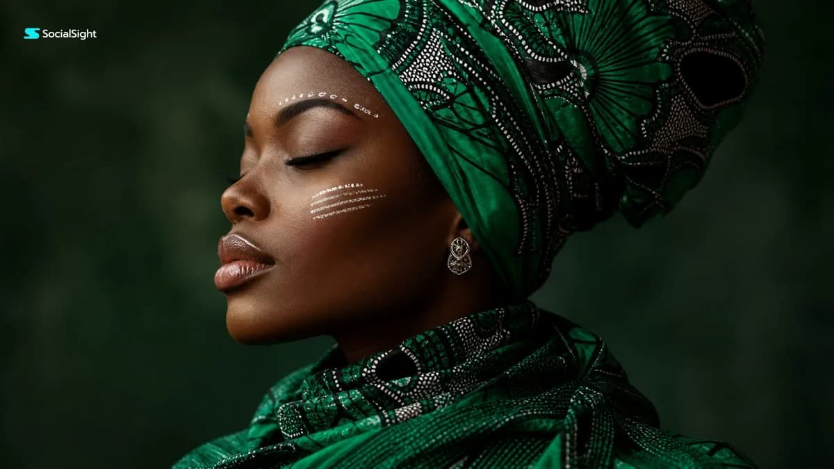 Close-up side profile editorial portrait of a woman in an emerald patterned headwrap with white face-paint lines
