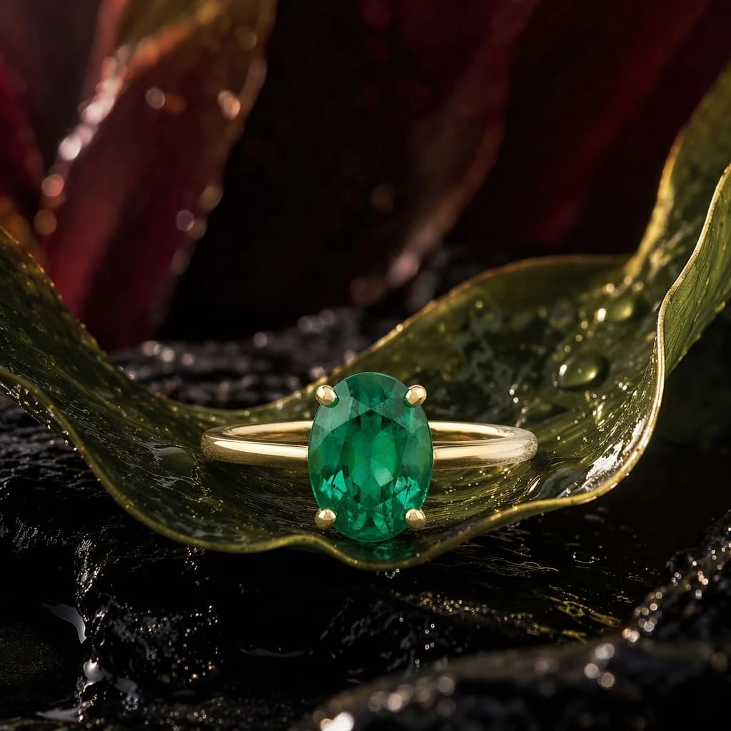 Luxury emerald ring macro shot with botanical styling, glossy gemstone detail, and elegant product photography
