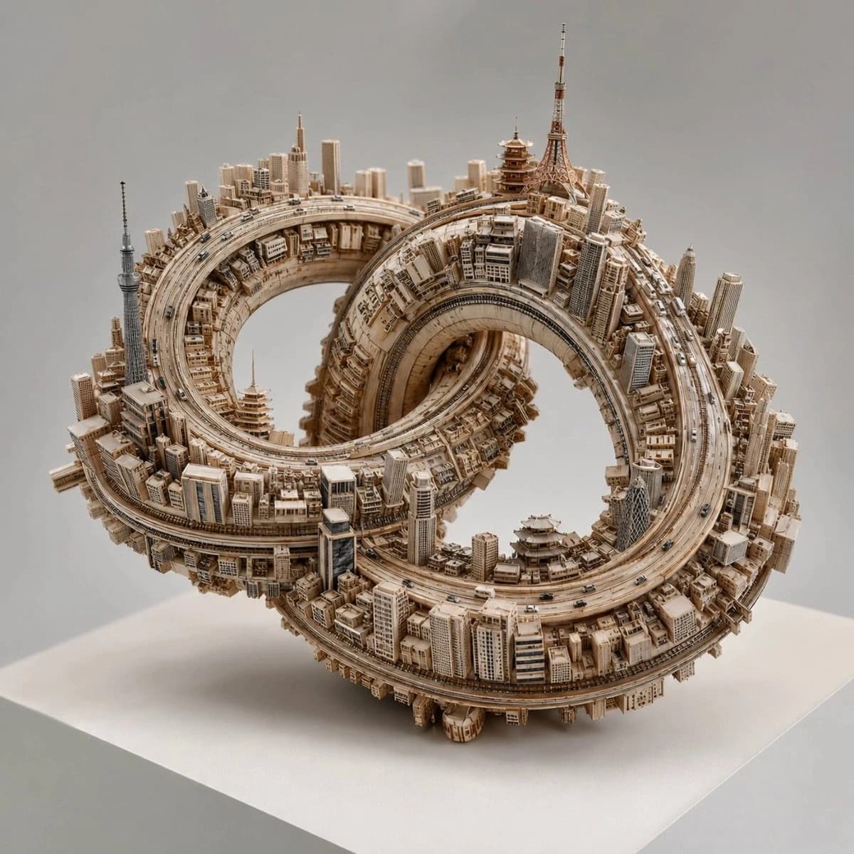 A detailed sculpture of a cityscape with intertwined roads and buildings.