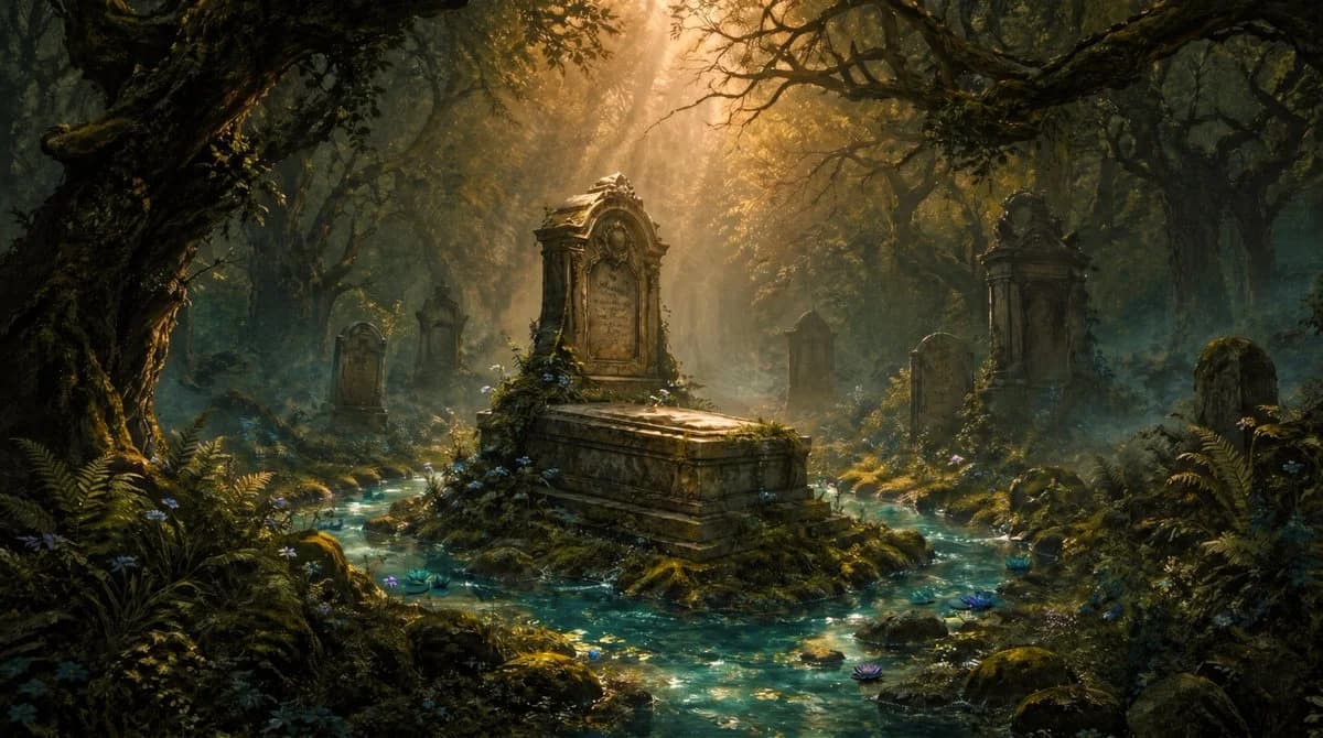 A cinematic fantasy cemetery scene featuring an ancient tomb encircled by a glowing spring in a misty, overgrown forest