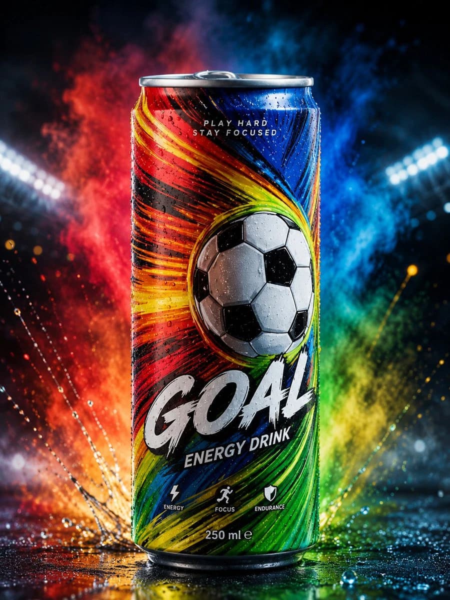 A sleek aluminum energy drink can with vibrant rainbow patterns and a soccer ball graphic stands on a wet surface in a colorful stadium setting