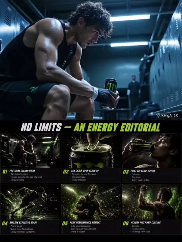 GPT Image 2 prompt example showing a dark energy drink advertising storyboard grid with electric green sports frames