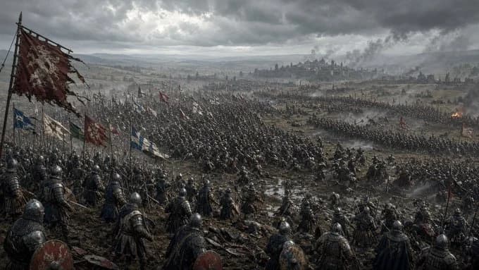 Epic Medieval Battlefield Panorama with sequential panels, clear scene planning and cinematic visual flow