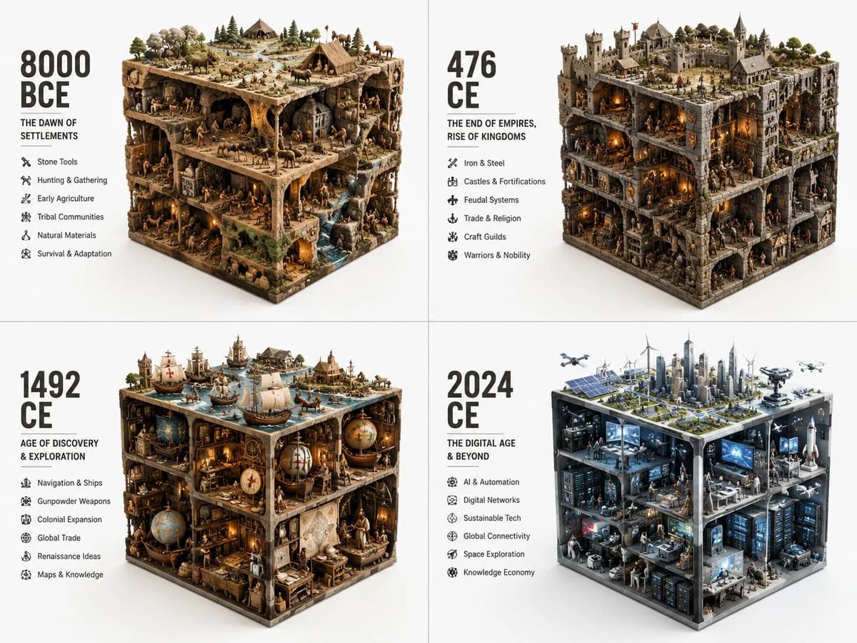 GPT Image 2 prompt example showing a 2x2 era cube grid comparing ancient, medieval, early modern, and contemporary worlds