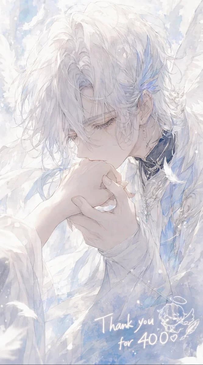 Soft pastel anime illustration of an angelic young man kissing a hand for a thank-you artwork