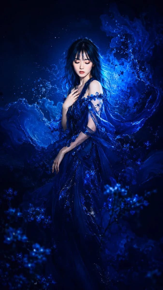 Ethereal blue fantasy fashion portrait with luminous fabric, soft editorial lighting, and high-end campaign styling