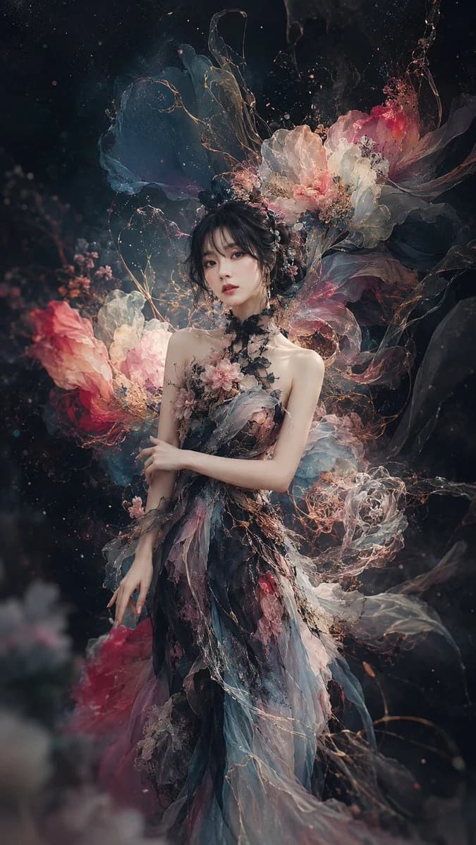 A vertical fantasy fashion portrait of a floral fairy muse in a dark enchanted garden with pale skin and ethereal blossoms
