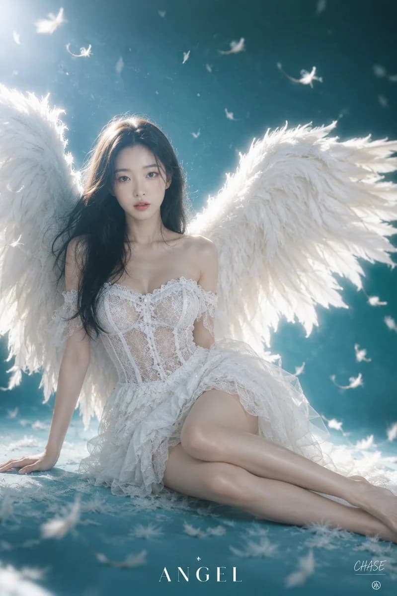 Winged angel studio portrait in a cyan set with white lace dress, feathered wings, floating feathers, and dramatic rim lighting
