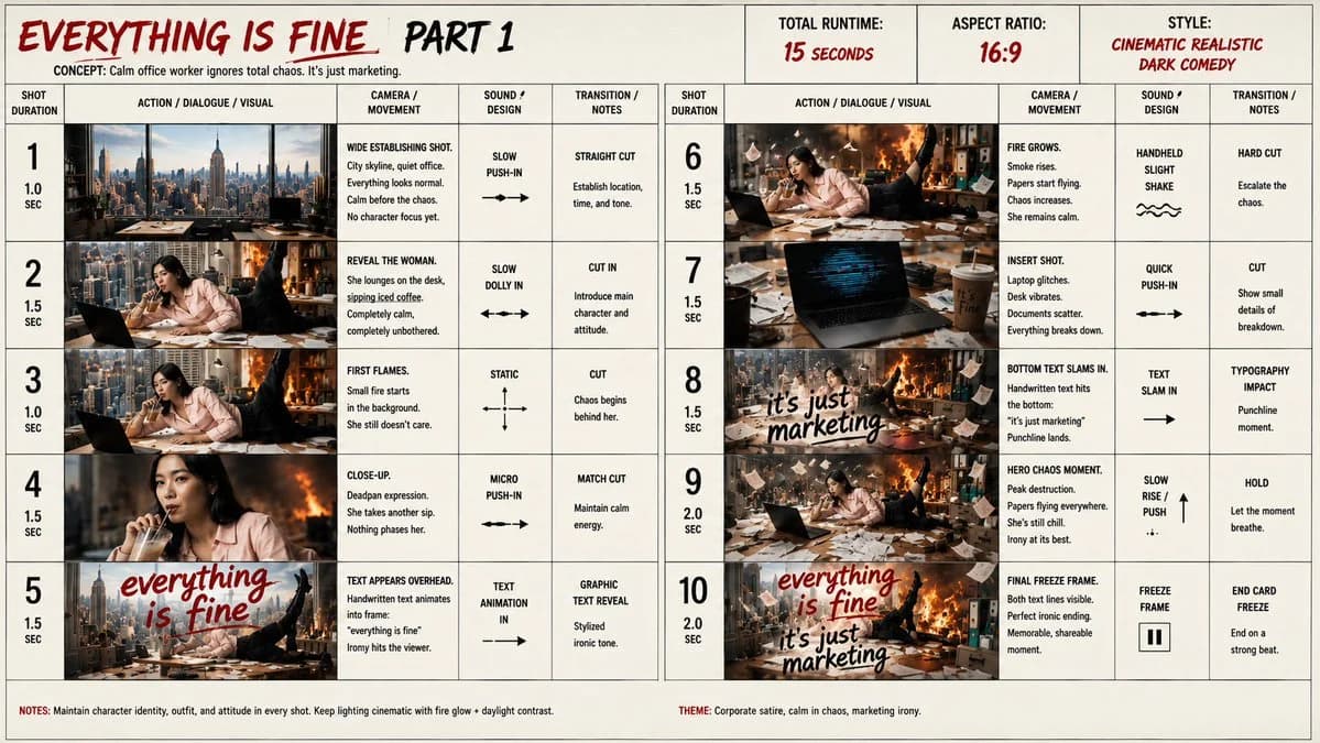 Everything Is Fine Storyboard Sheet with sequential storytelling, expressive character design and cinematic panel composition