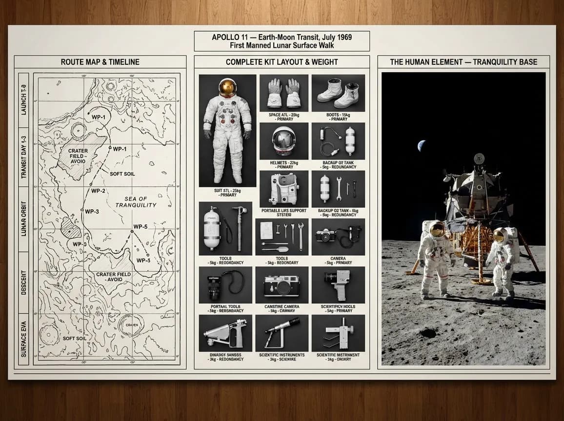 Expedition planning command board with route map, organized gear flat lay, and destination panel