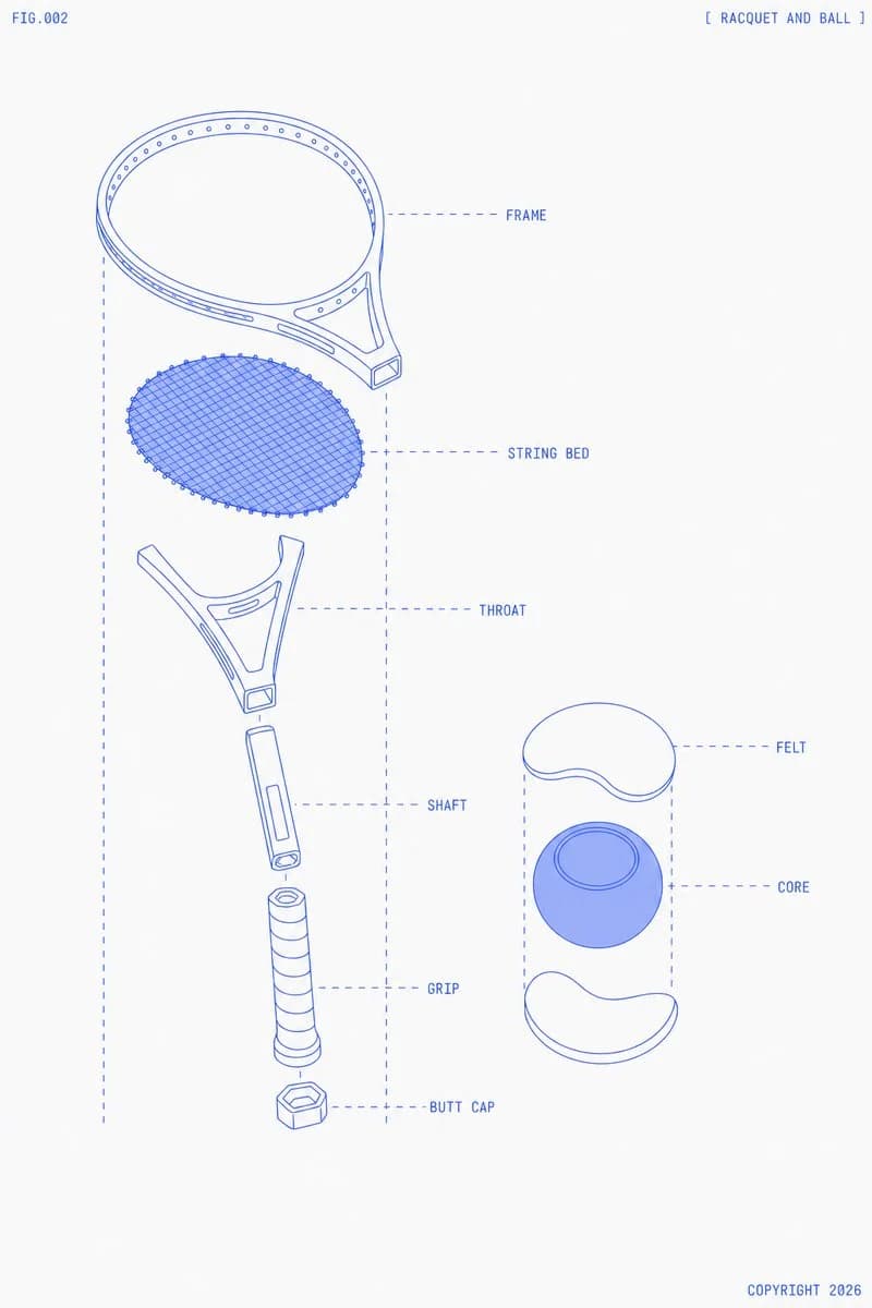 Exploded Tennis Racquet Blueprint with structured callouts, clean hierarchy, and educational poster layout